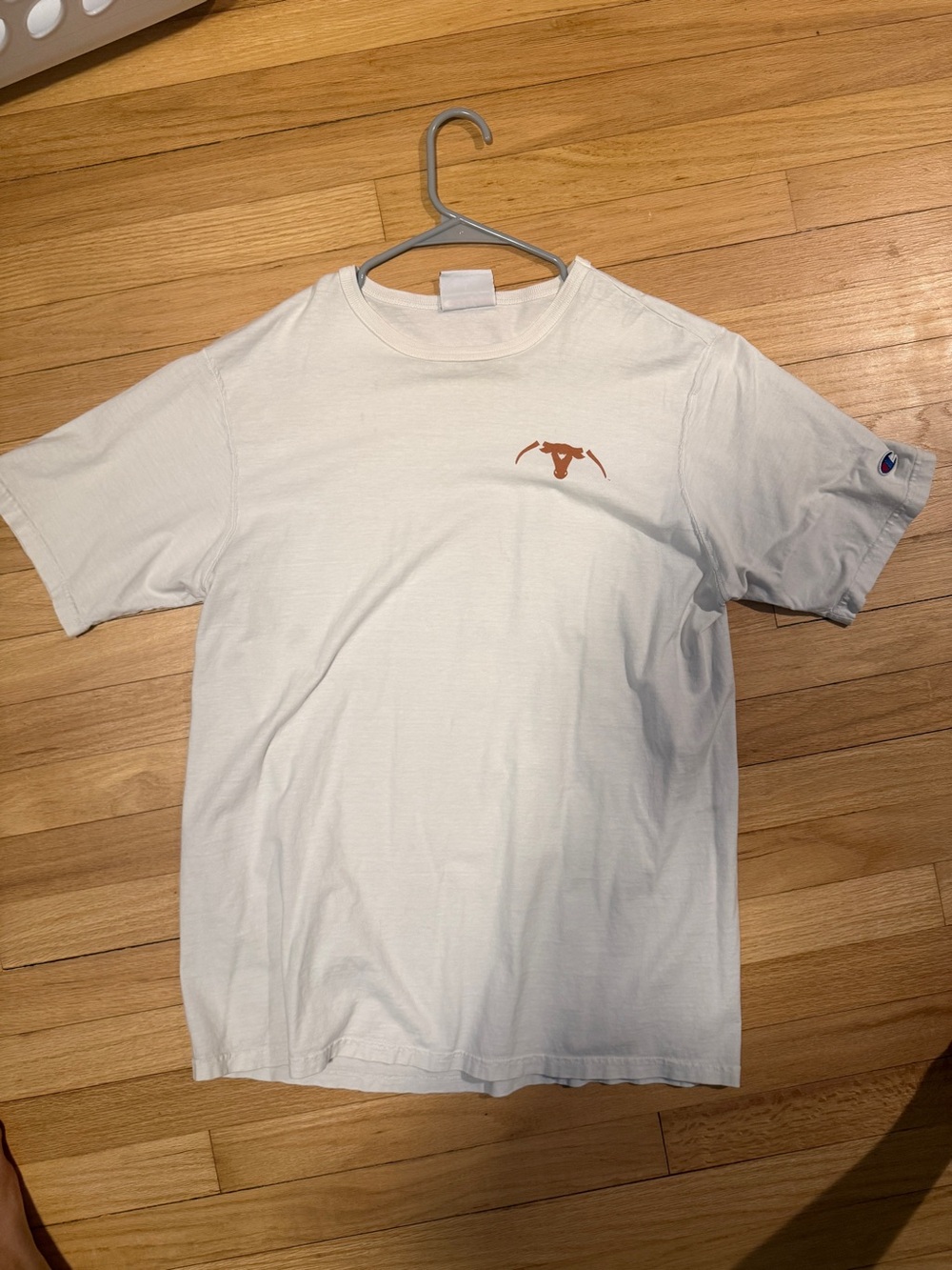 White Champion Short-Sleeve Tee with Orange Horns Down A&M shirt